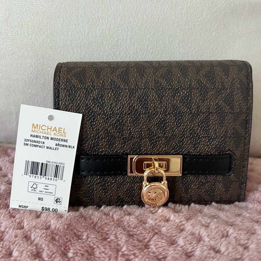 Michael Kors Brown & Black Hamilton Signature Compact Wallet with Gold Charm